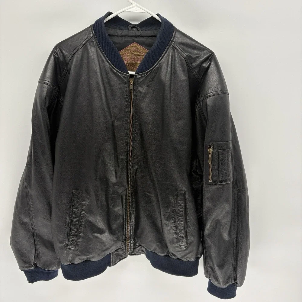 Vintage 80s Weekends MA1 Leather Bomber Jacket Black Military Moto Biker Men L